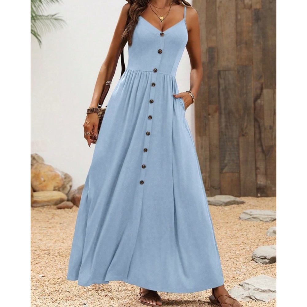 Bohemian Light Blue Button Maxi Dress S M L XL
